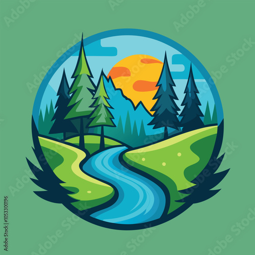 A whimsical illustration of a forest scene with a winding river, a sun setting behind mountains, and tall pine trees. 