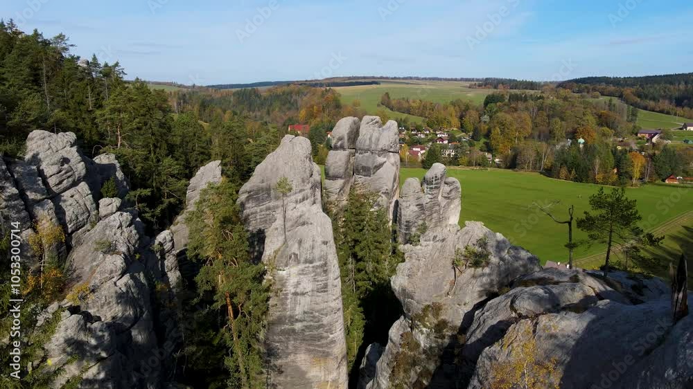Aerial view of the Teplice Rocks, landscape of the Adrspach-Teplice Mountain Park in the Broumov Uplands region of Bohemia, Czech Republic Aerial view of the Teplice Rocks, landscape of the Adrspach-Teplice Mountain Park in the Broumov Uplands region of Bohemia, Czech Republic