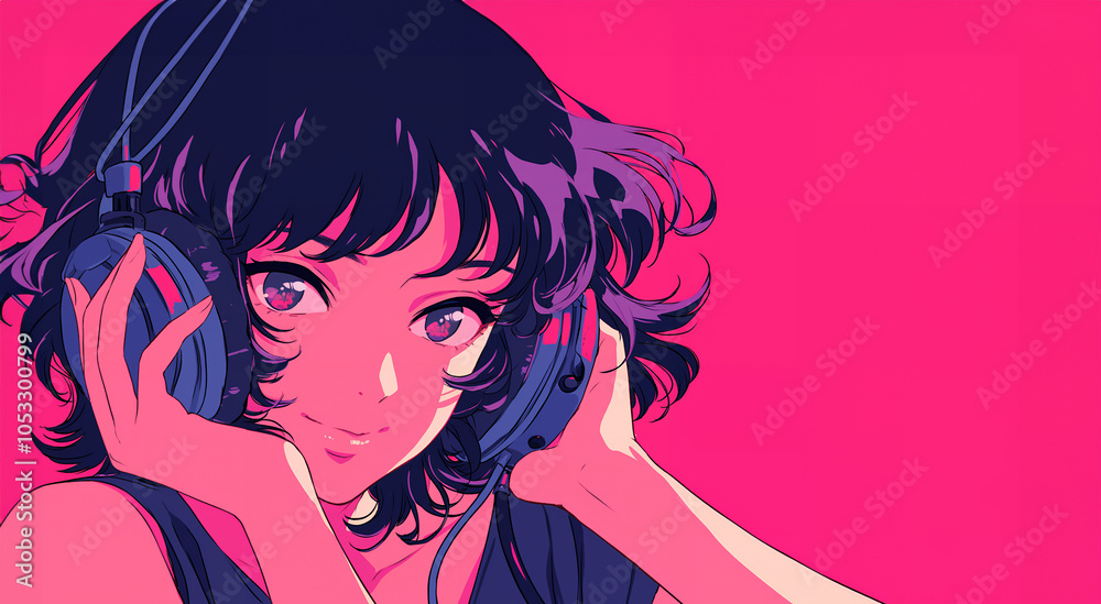 ヘッドフォンで音楽を聴くアニメ風の女の子　AI生成画像