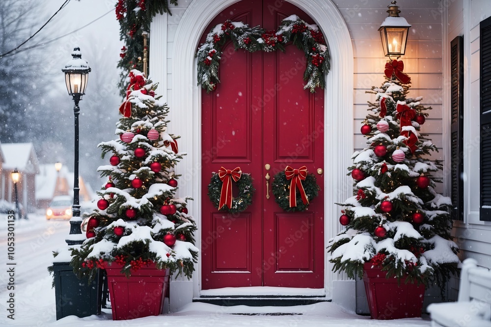 Fototapeta premium Home decorating, red doors new year , for the holidays with Christmas decor and lights