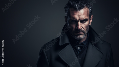 Investigator in a trench coat staring intently at the camera against a slate grey background. v2 photo