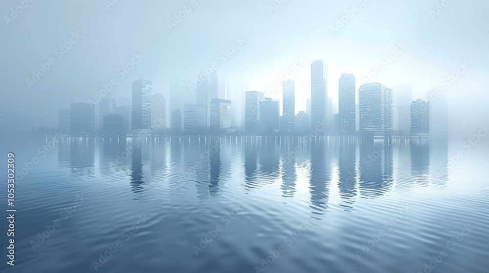 A foggy city skyline reflected in the water. AI. A foggy city skyline reflected in the water. AI.