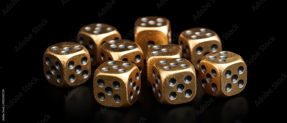 Golden dice with black dots isolated on black background. Golden dice with black dots isolated on black background.