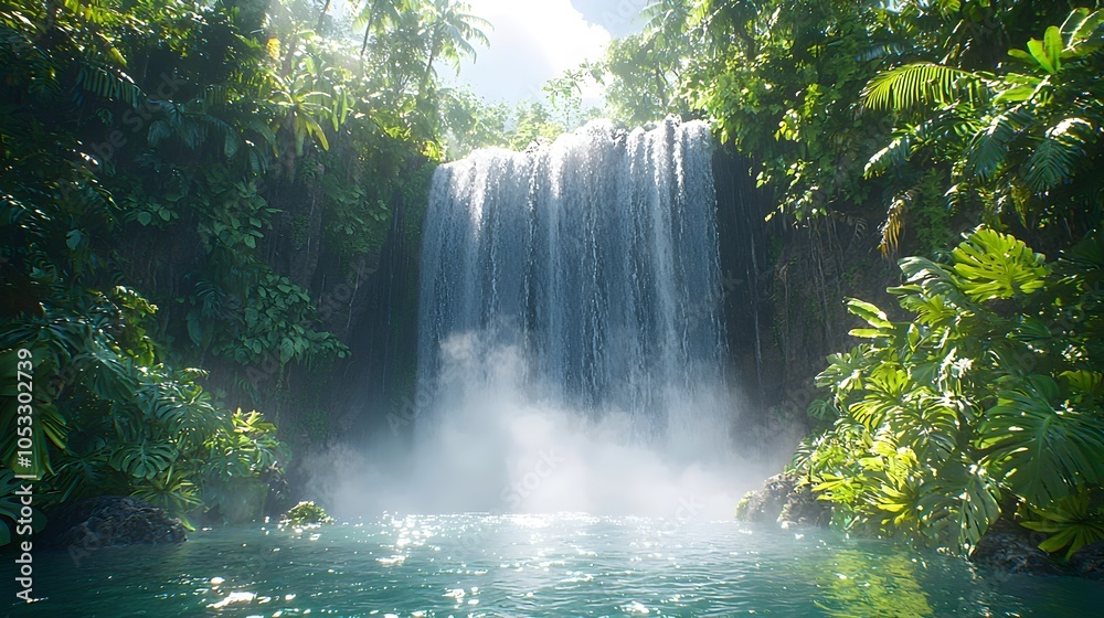 A stunning waterfall cascades into a serene pool, surrounded by lush, vibrant tropical vegetation, creating a tranquil and enchanting natural oasis. A stunning waterfall cascades into a serene pool, surrounded by lush, vibrant tropical vegetation, creating a tranquil and enchanting natural oasis.