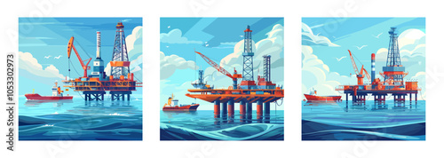 Platform oil supply maritime vessels cartoon vector concepts. Ship rig vessel crane gulls aqua heavens clouds offshore sea sector power gear building petroleum illustrations