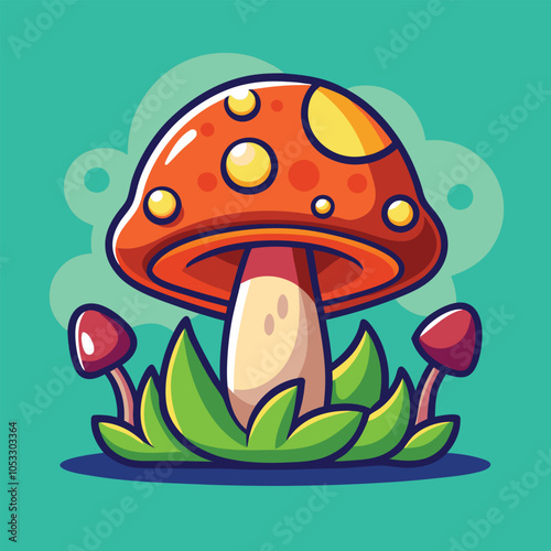 A cartoon illustration of a red mushroom with white spots growing in the grass.