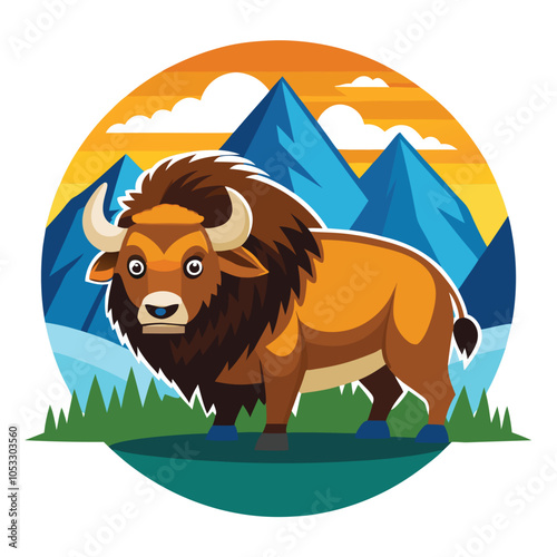 A cartoon bison stands proudly in a mountain landscape. 