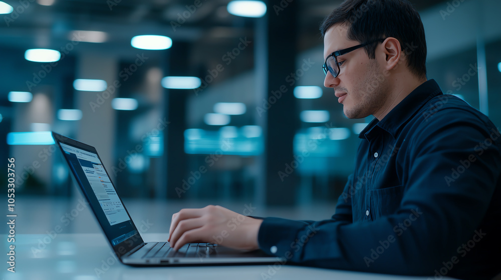 A stock photograph of an individual with a disability engaged in a digital meeting, using a screen reader on a sleek laptop in a modern office setting, emphasizing accessibility A stock photograph of an individual with a disability engaged in a digital meeting, using a screen reader on a sleek laptop in a modern office setting, emphasizing accessibility