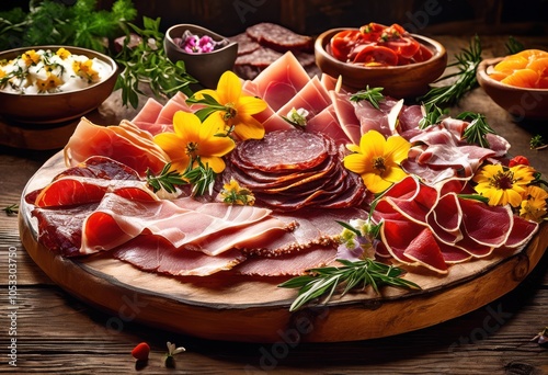 colorful meat platter carefully arranged rich textures bright garnishes delicious presentation, appetizer, charcuterie, cuisine, dish, dishware, feast photo