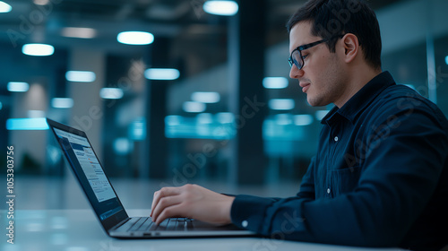 A stock photograph of an individual with a disability engaged in a digital meeting, using a screen reader on a sleek laptop in a modern office setting, emphasizing accessibility photo