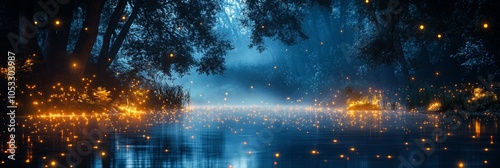 Mystical Night in Enchanted Woods, dark forest, glowing lake, fireflies dancing, enveloped in blue mist, enchanting atmosphere