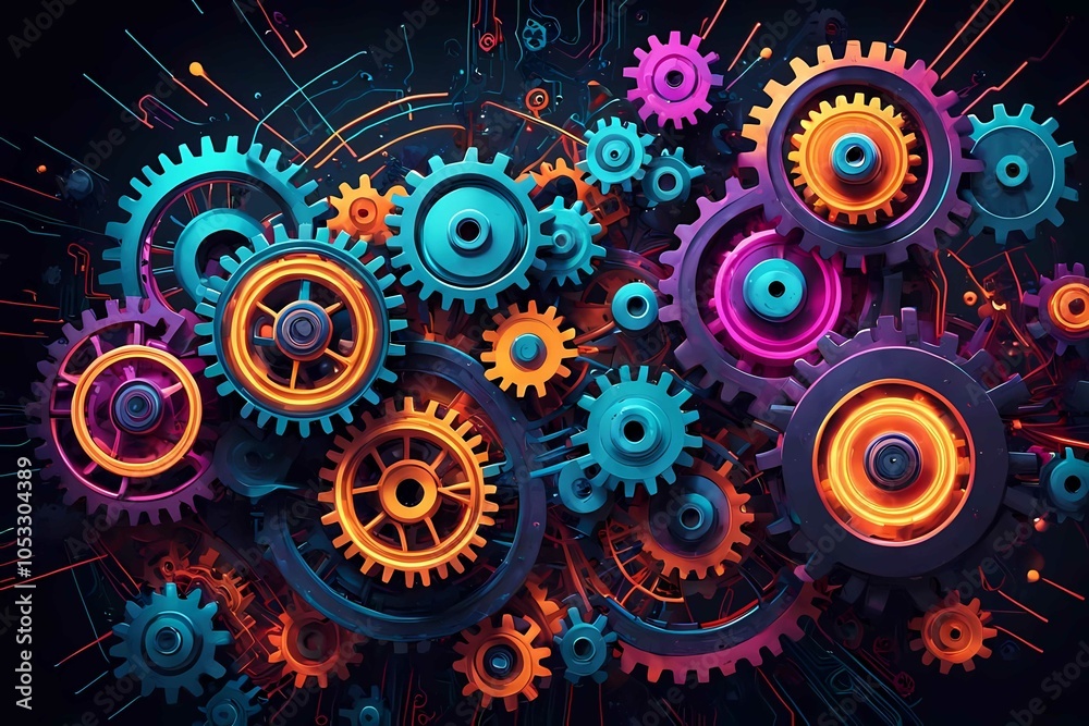 Energetic, high-impact depiction of modern business technology, with complex circuitry and bright neon accents Energetic, high-impact depiction of modern business technology, with complex circuitry and bright neon accents