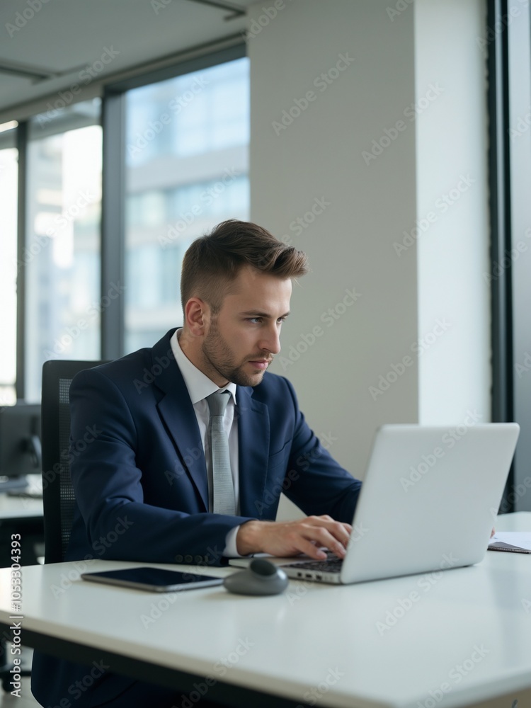 Professional Businessman Working on Laptop in Modern Office Setting Professional Businessman Working on Laptop in Modern Office Setting