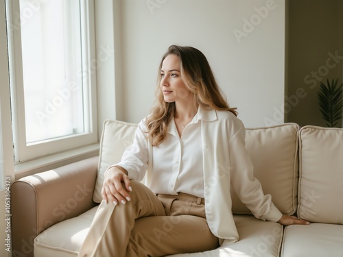 Thoughtful Young Woman Relaxing on a Sofa in a Sunlit Living Room