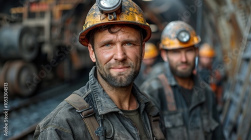 A group of Miners in the mine. Dirty miners in uniform in the mine