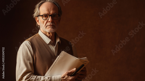 Professor in glasses holding a stack of papers, looking focused against a brown background. v3 photo