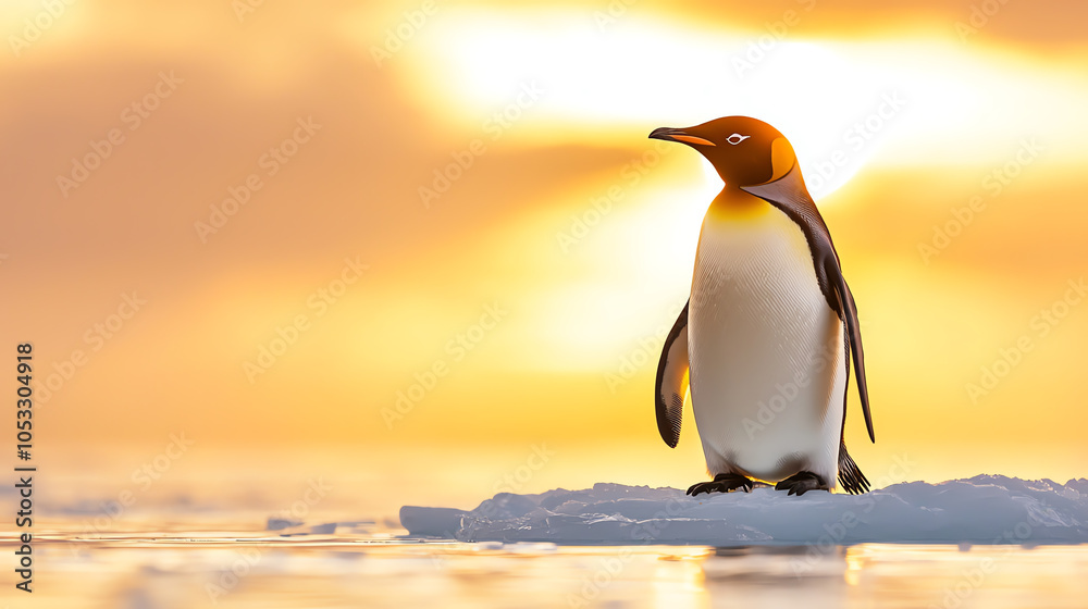 Obraz premium A lone penguin on an ice floe at sunset, captured in soft focus