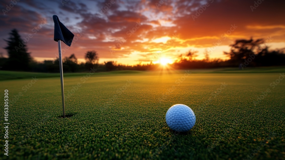 Obraz premium Golf ball on green with flag and sunset.