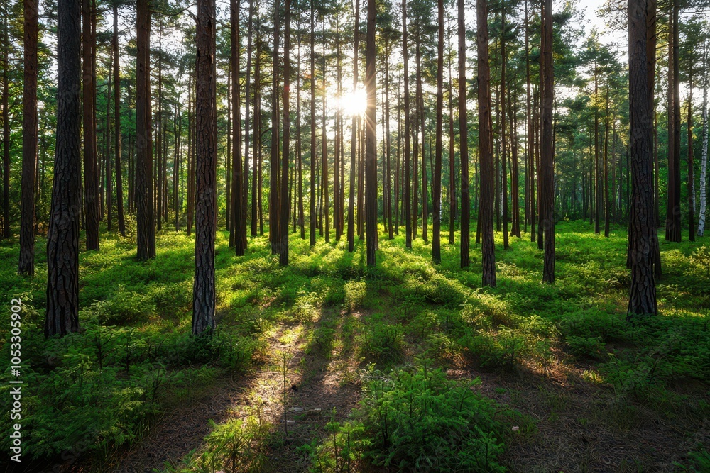 Fototapeta premium Serene Evergreen Pine Forest: A Tranquil Landscape Celebrating Abundant Harvest Season