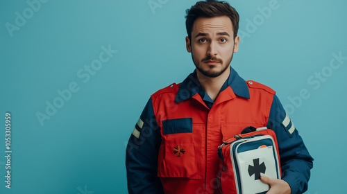 Paramedic in uniform holding a first aid kit, looking at the camera. v3 photo