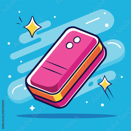 A pink eraser with yellow and orange trim  floating on a blue background with stars.
