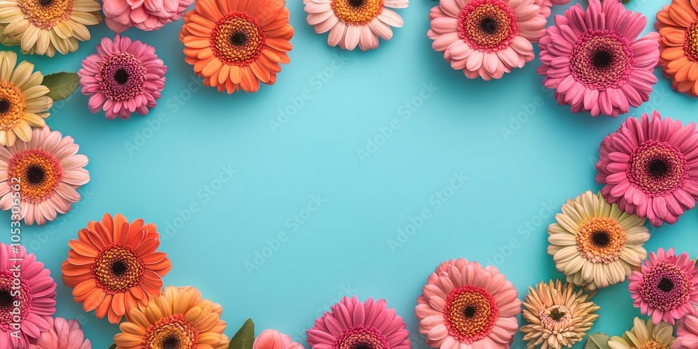 A vibrant arrangement of colorful flowers on a blue background, ideal for decoration. A vibrant arrangement of colorful flowers on a blue background, ideal for decoration.