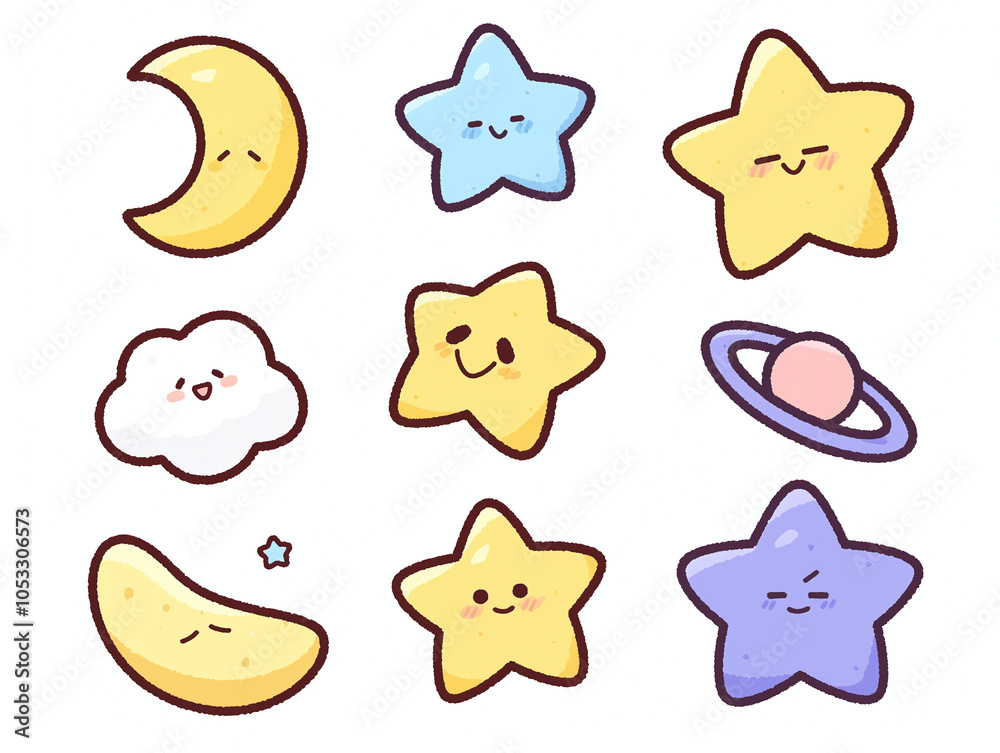 Cute Cartoon Stars, Moon and Planet Illustration Cute Cartoon Stars, Moon and Planet Illustration