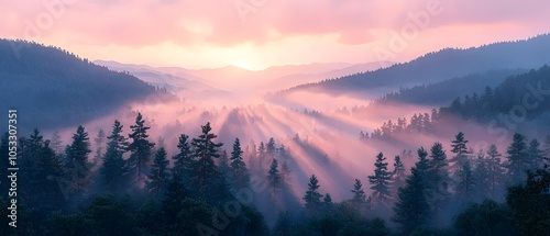 A serene landscape at dawn, featuring a misty forest with pine trees and soft sunlight breaking through the mountains and creating a tranquil and ethereal atmosphere.