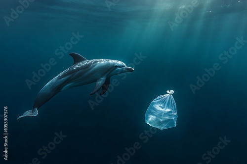 Dolphin and Plastic Bag in the Ocean photo