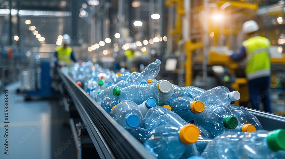Recycling plant with a conveyor belt full of plastic bottles, bright factory lighting, blurred workers in the background, emphasizing efficient waste management. Recycling plant with a conveyor belt full of plastic bottles, bright factory lighting, blurred workers in the background, emphasizing efficient waste management.