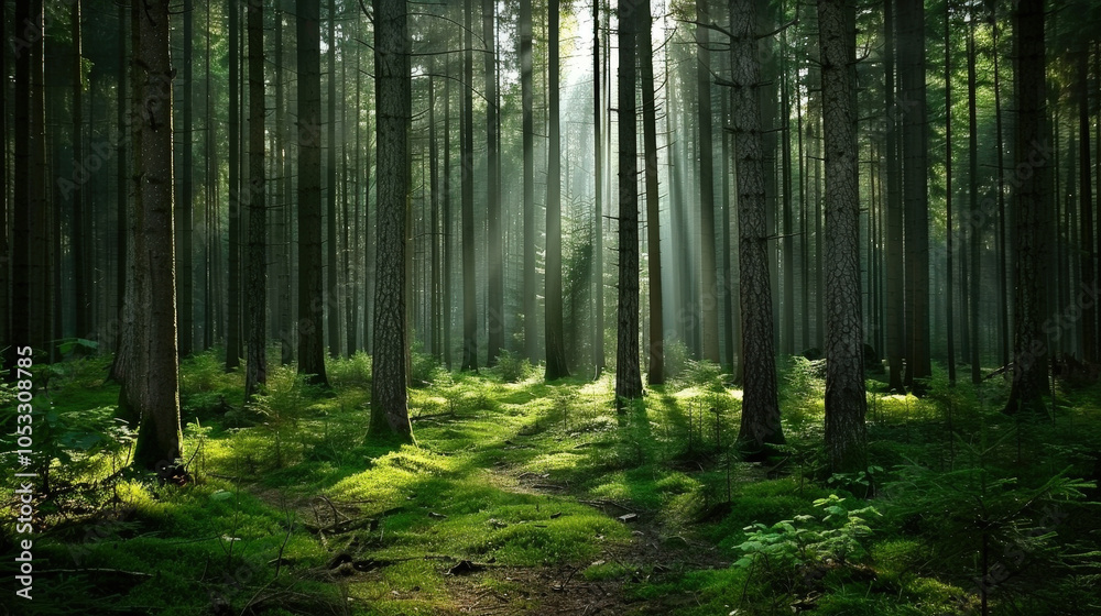 serene green forest with sun rays shining through trees creates tranquil atmosphere. lush greenery and soft light evoke sense of peace and connection with nature serene green forest with sun rays shining through trees creates tranquil atmosphere. lush greenery and soft light evoke sense of peace and connection with nature