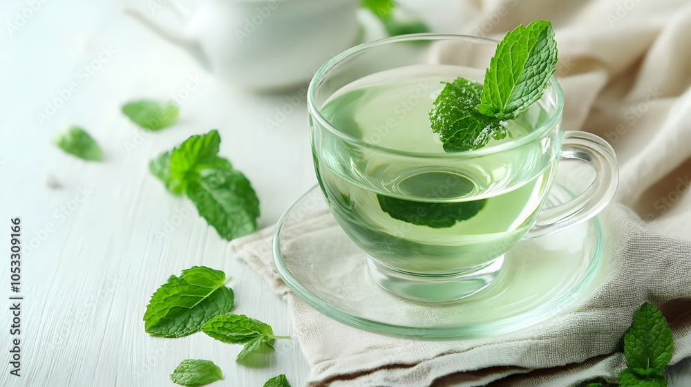 Refreshing Polish Mint Tea with Fresh Mint and Neutral Napkin (Polish Cuisine) Refreshing Polish Mint Tea with Fresh Mint and Neutral Napkin (Polish Cuisine)