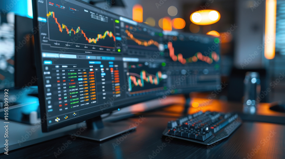 High tech workstation featuring multiple monitors displaying financial data and stock market trends, creating atmosphere of productivity and focus High tech workstation featuring multiple monitors displaying financial data and stock market trends, creating atmosphere of productivity and focus
