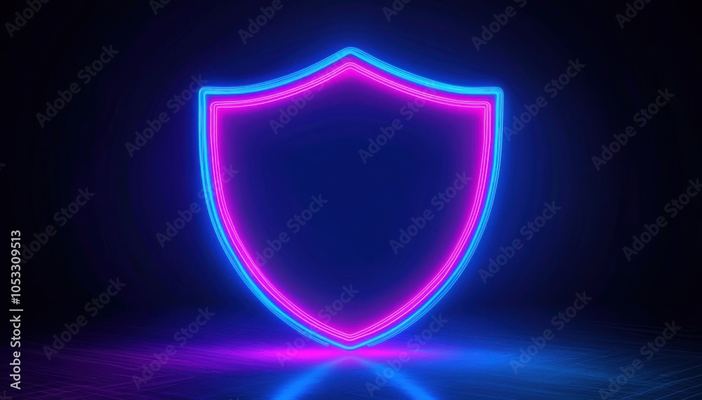 Fototapeta premium A glowing neon shield symbol in pink and blue against a dark background, representing protection or security.