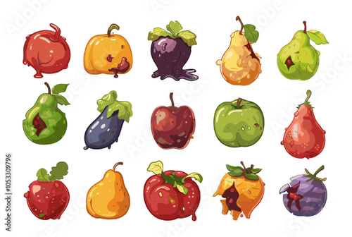 Rotten fruits vegetables cartoon vector set. Food apple zucchini tomato pear plum eggplant damaged spoiled decayed smelling isolated illustrations