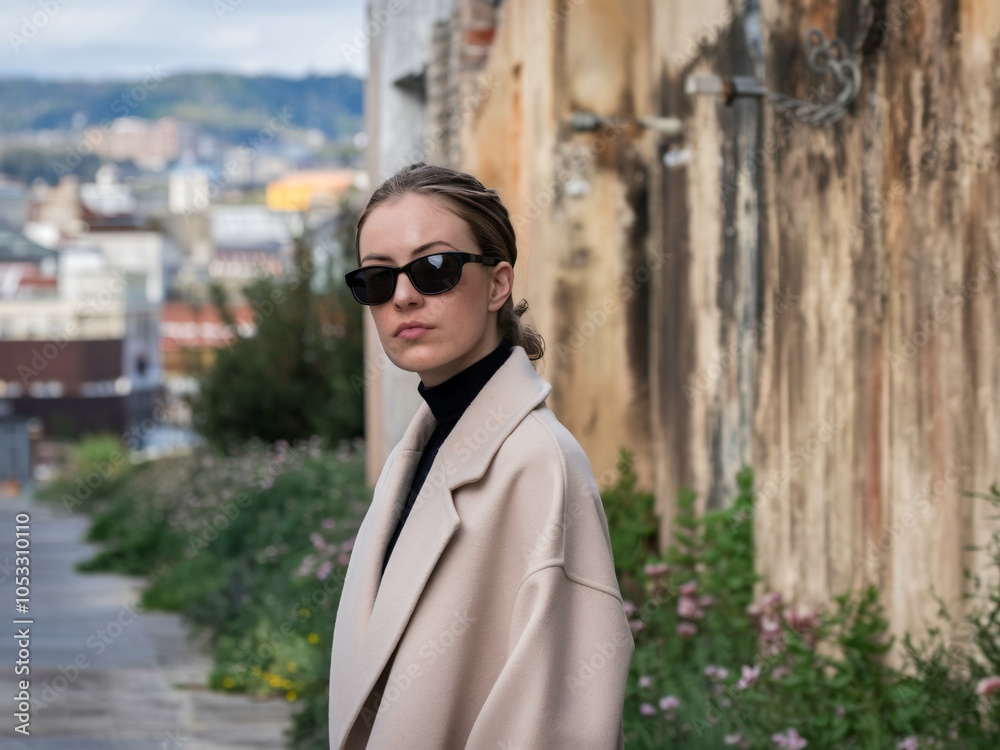 A woman with sunglasses and a beige coat stands on a street with aged, rough walls. 