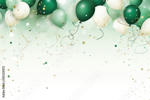 white and green balloons with confetti sprinkles on white background with empty space for text