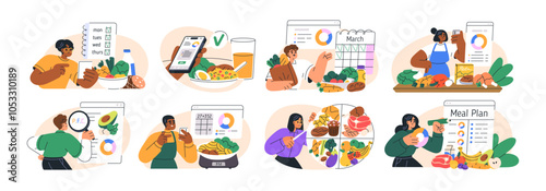 Healthy diet, meal planning, food choice control concept. Tracking calories, calculating protein, fat, carbs. Nutrition and PFC calculation, set. Flat vector illustration isolated on white background