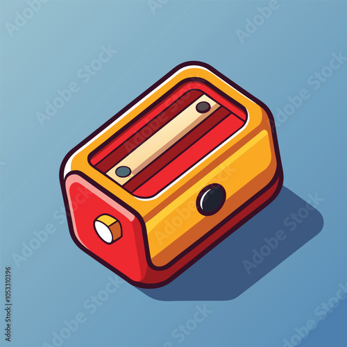 A red and yellow pencil sharpener with a black crank.  The sharpener is on a light blue background.
