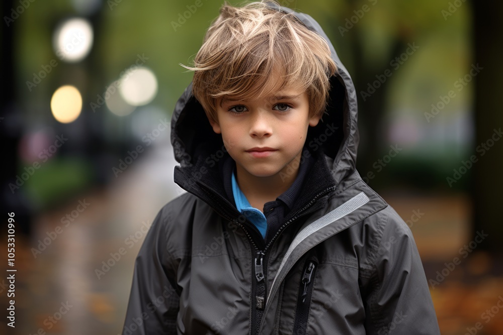 A portrait of a boy in a raincoat on the street.