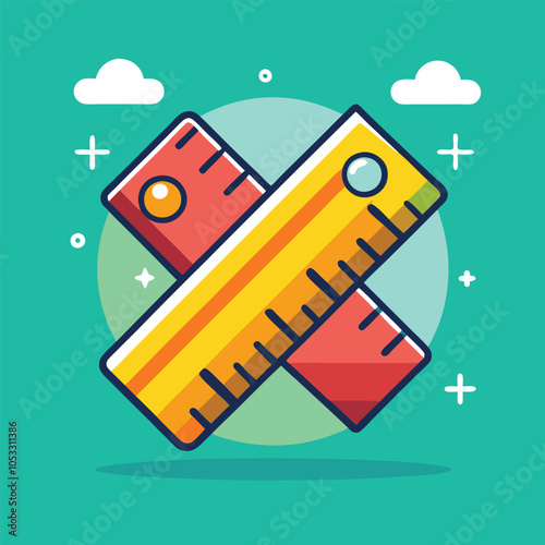 Two rulers, one yellow and one red, are crossed over each other. The illustration is against a green background with clouds.
