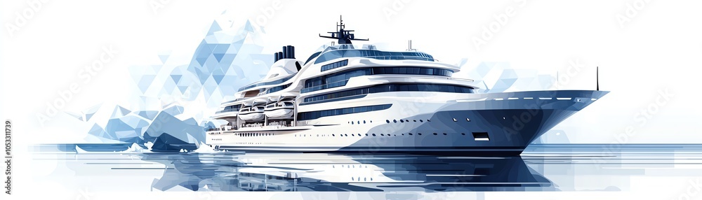 Luxury yacht navigating through icy waters, surrounded by icebergs, showcasing elegance and adventure. Luxury yacht navigating through icy waters, surrounded by icebergs, showcasing elegance and adventure.
