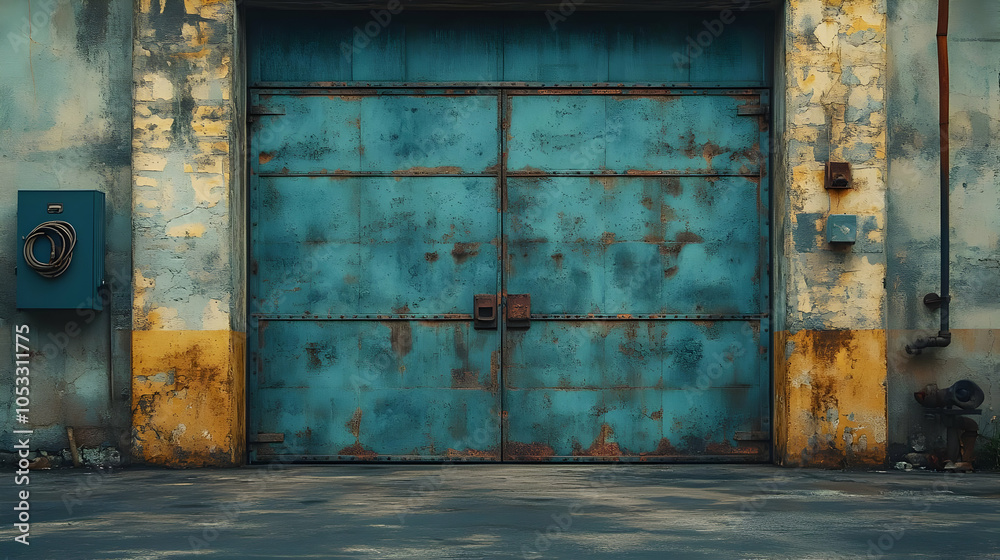 Rusty Blue Garage Doors with Weathered Concrete Wall - Realistic Image Rusty Blue Garage Doors with Weathered Concrete Wall - Realistic Image