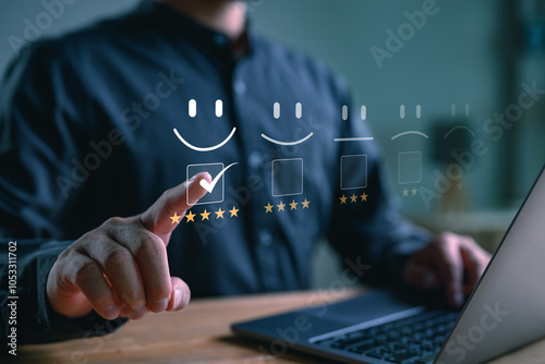 Customer service and Satisfaction concept, Business people are touching the virtual screen on the happy Smile face icon to give satisfaction in product and service. Rating very impressed. Good review
