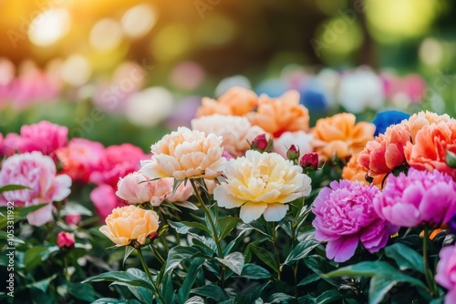 Wallpaper Mural A vibrant display of blooming peonies in various colors, capturing the beauty of nature in a sunlit garden. Torontodigital.ca