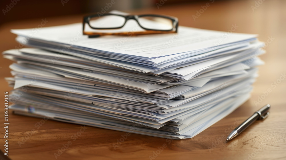 stack of documents on wooden desk with glasses and pen, creating sense of organization and focus. This captures essence of productivity and work environment