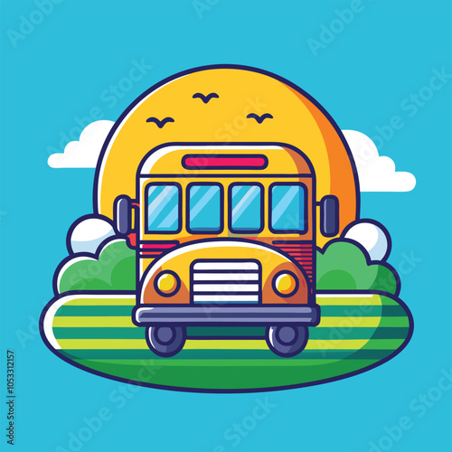 A cartoon illustration of a yellow school bus in a sunny field. 