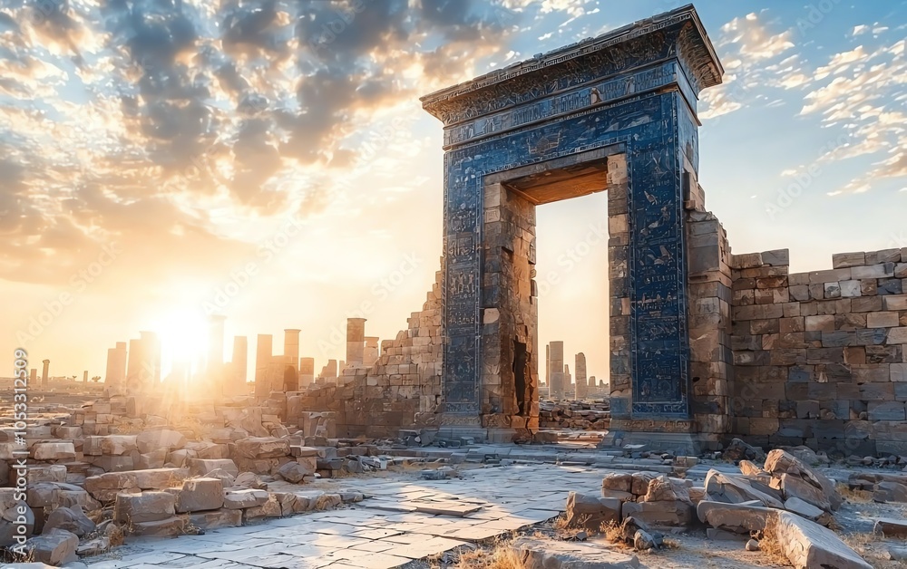 Fototapeta premium Ancient ruins under a vibrant sunset, showcasing historical architecture against a skyline.