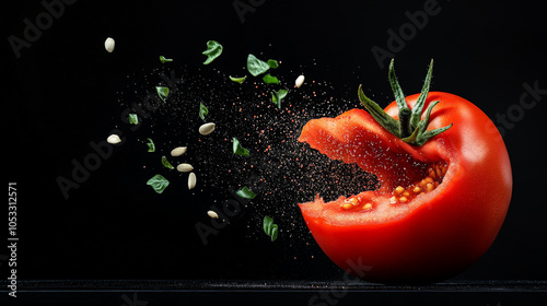 Exploding Tomato: A vibrant, red tomato bursts open, seeds and herbs flying in a dynamic, artistic splash against a stark black background.  A captivating image for food blogs, culinary websites. photo