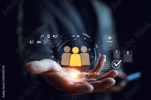 Customer Relationship Management, Businessman use tablet with global structure customer network technology, Data exchanges development. customer service, social media. digital marketing online.